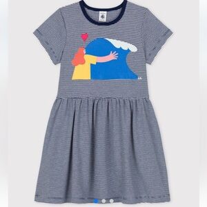 PETIT BATEAU X WATER FAMILY GIRLS' DRESS Striped Kids Dress with Wave Print
